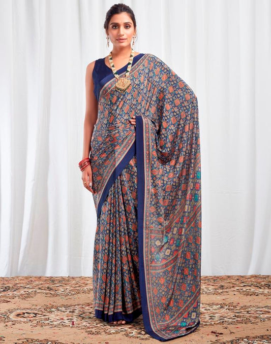 Navy Blue Silk Printed Saree