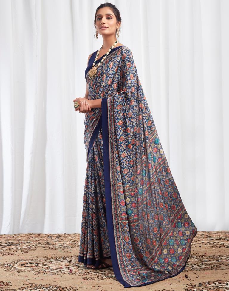 Navy Blue Silk Printed Saree