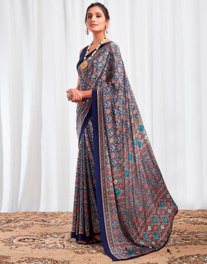 Navy Blue Silk Printed Saree