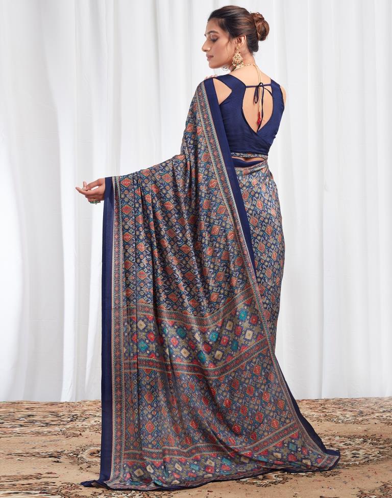 Navy Blue Silk Printed Saree