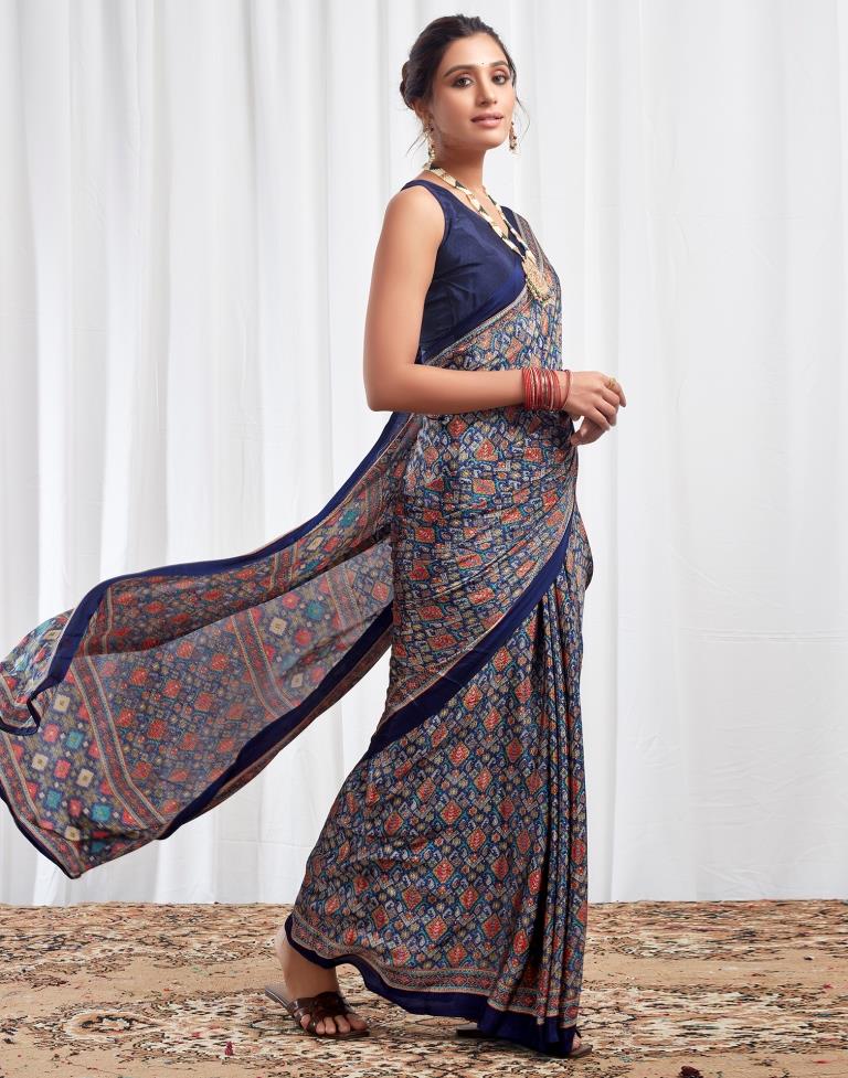 Navy Blue Silk Printed Saree