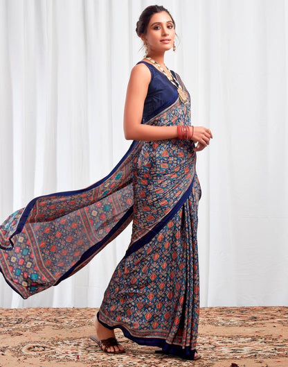 Navy Blue Silk Printed Saree