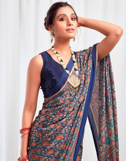 Navy Blue Silk Printed Saree