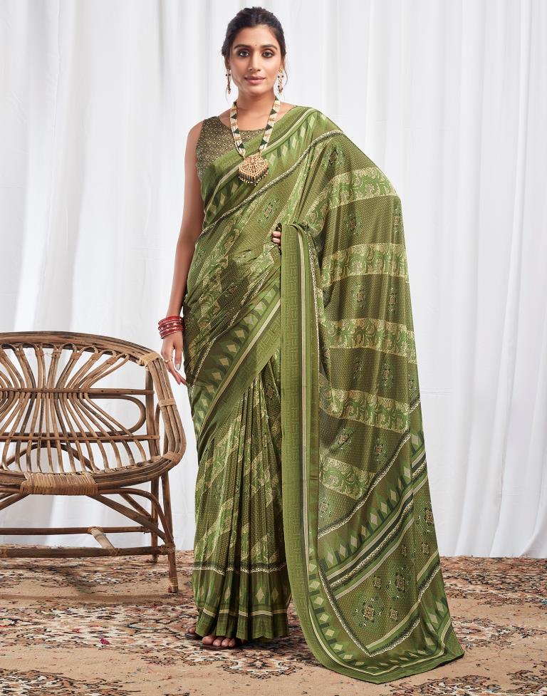 Mehndi Green Silk Printed Saree