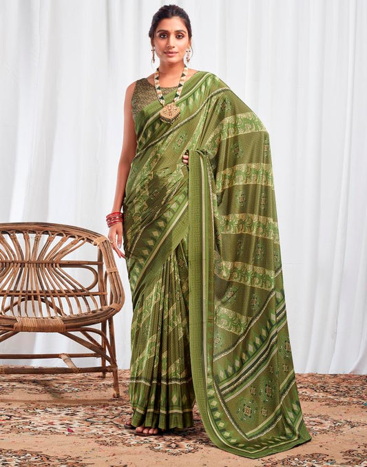Mehndi Green Silk Printed Saree