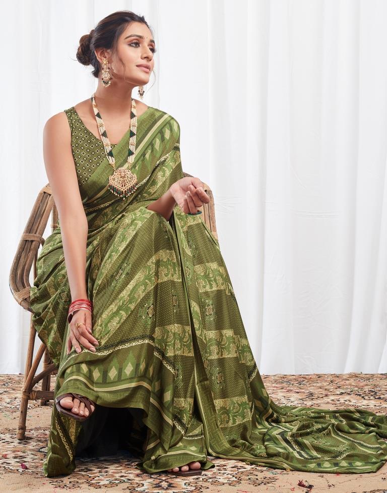Mehndi Green Silk Printed Saree