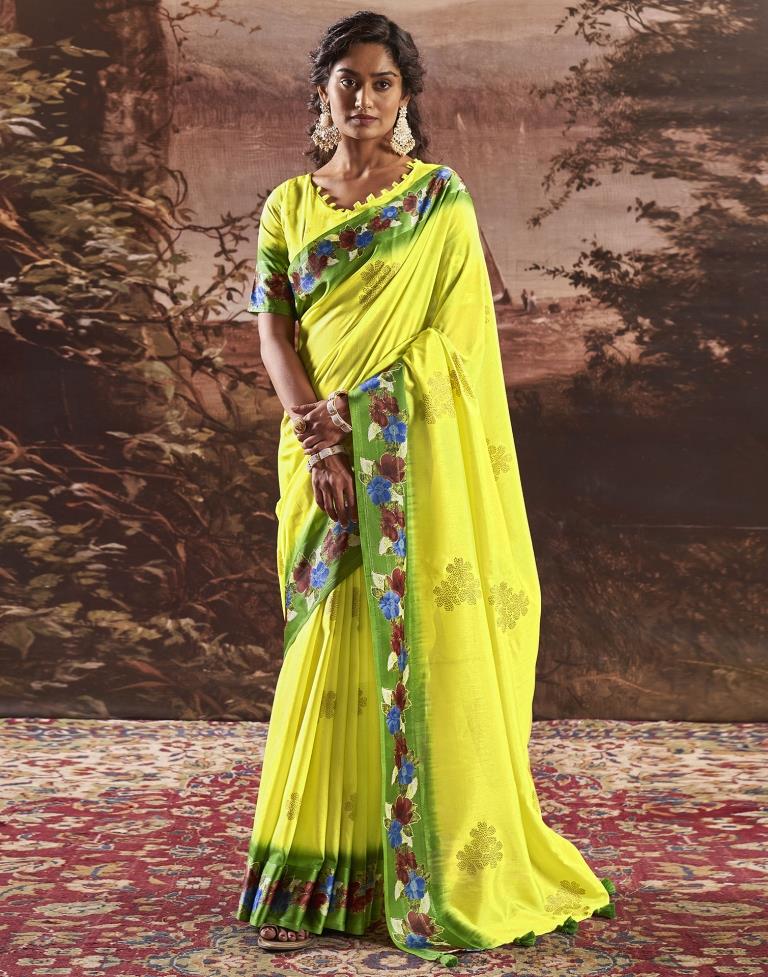 Lemon Yellow Silk Printed Saree