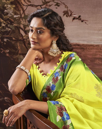 Lemon Yellow Silk Printed Saree