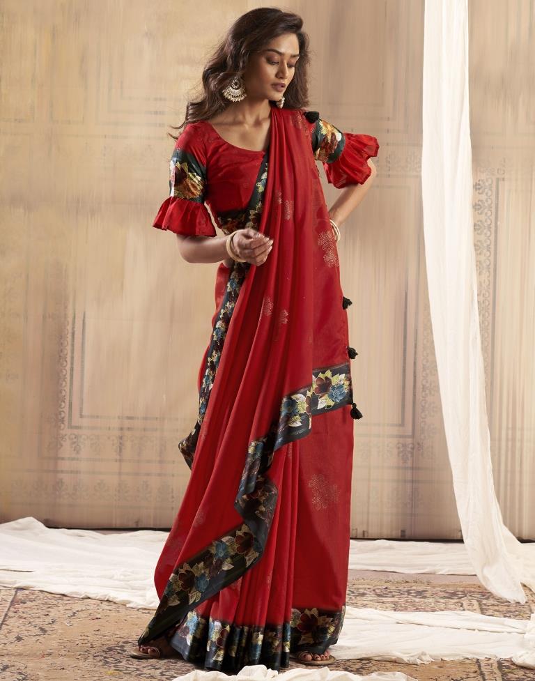 Cherry Red Silk Printed Saree