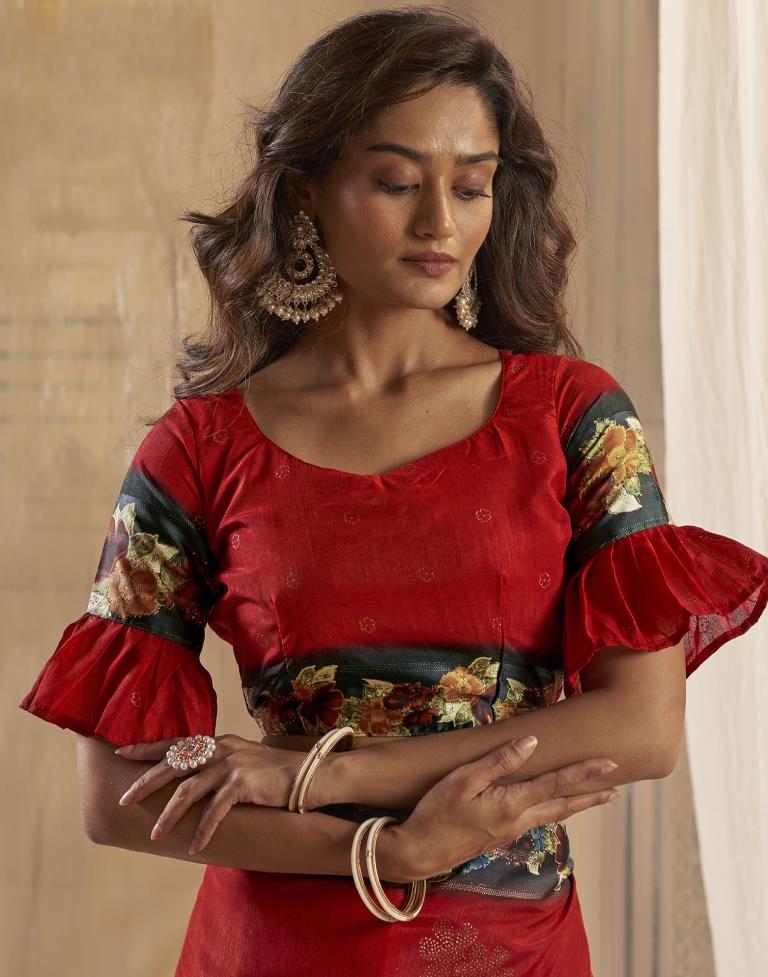 Cherry Red Silk Printed Saree