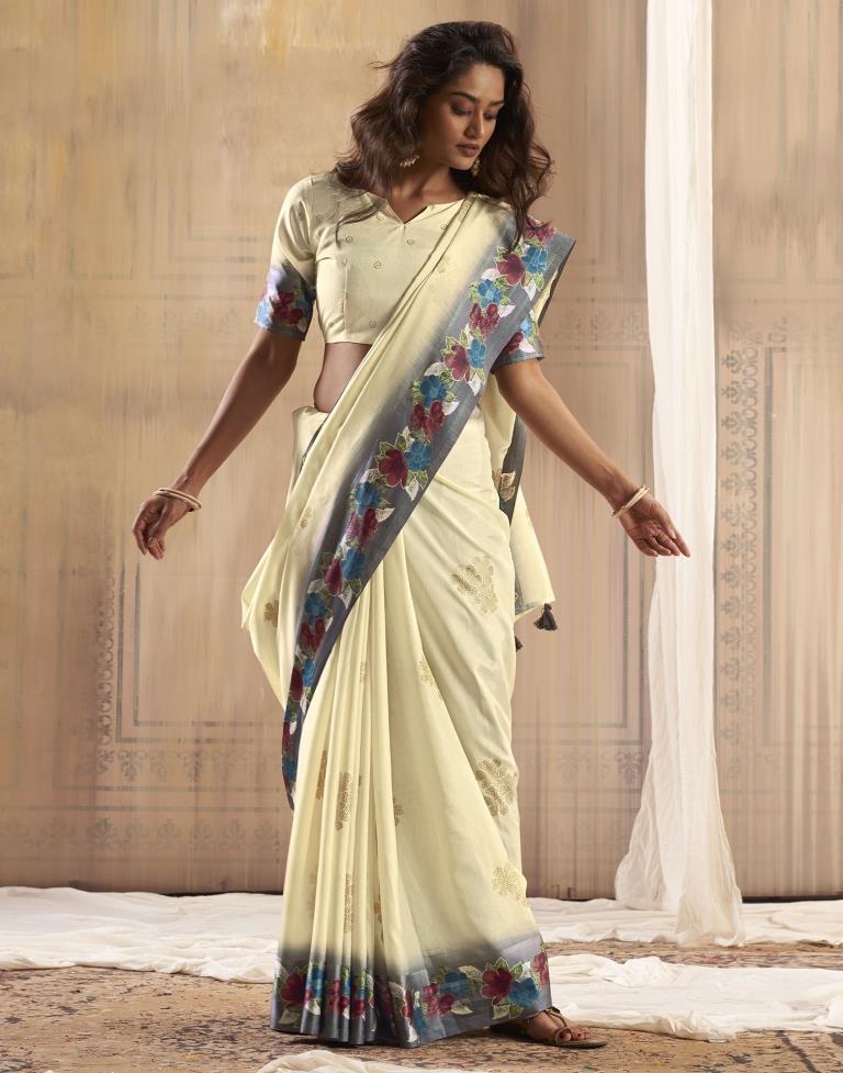 Cream Silk Printed Saree