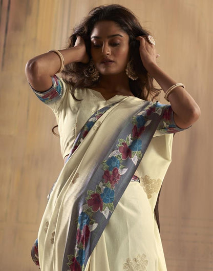 Cream Silk Printed Saree