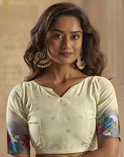 Cream Silk Printed Saree