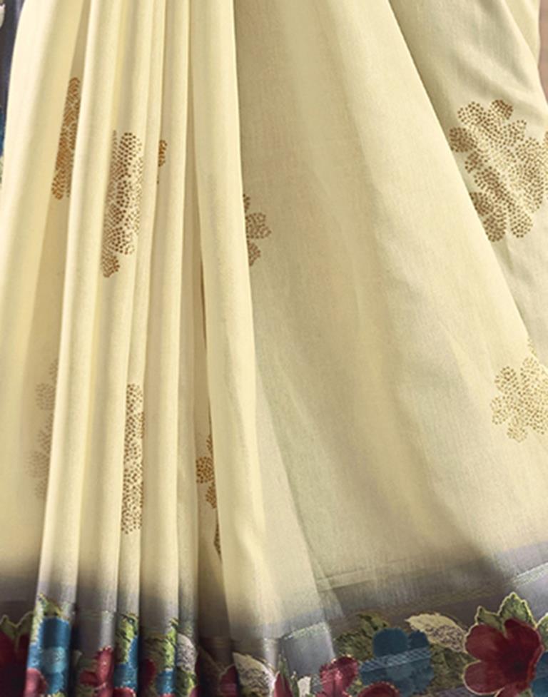Cream Silk Printed Saree