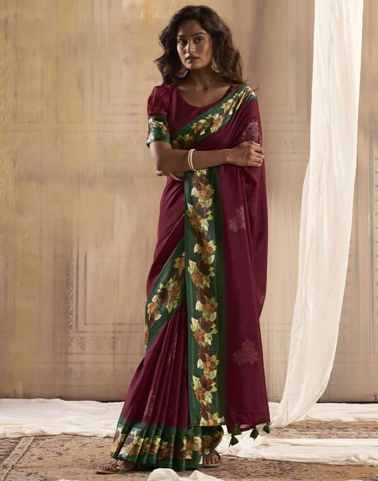 Maroon Silk Printed Saree
