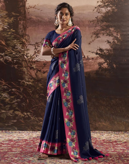 Navy Blue Silk Printed Saree