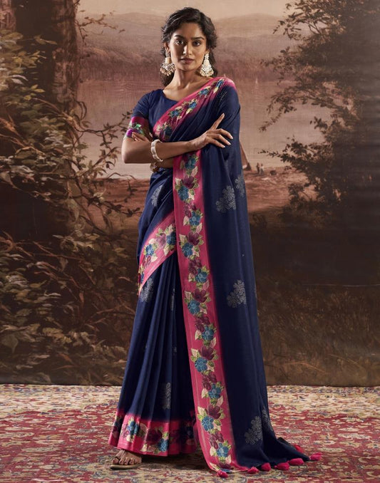 Navy Blue Silk Printed Saree