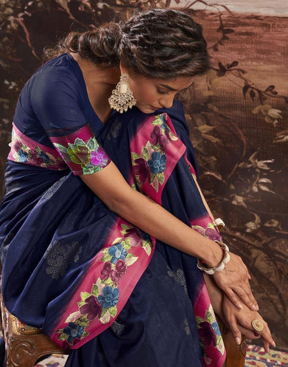 Navy Blue Silk Printed Saree