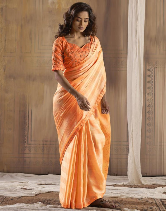 Light Orange Chiffon Plain Saree