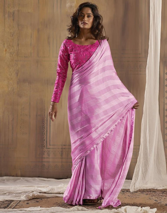 Pink Chiffon Plain Saree