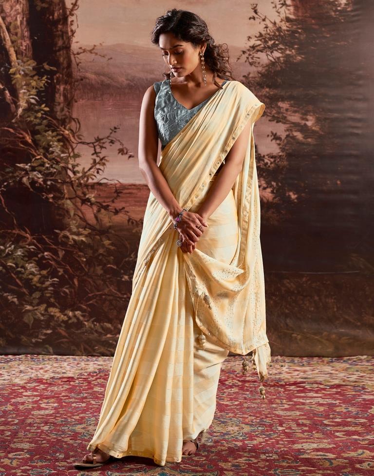Cream Chiffon Plain Saree