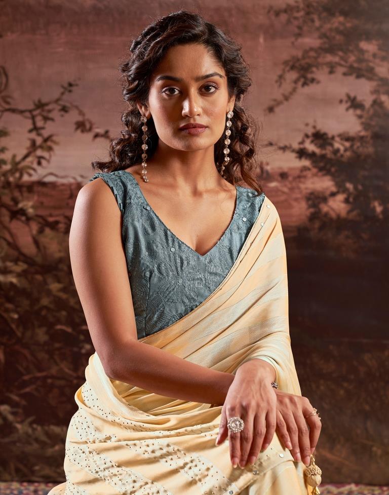 Cream Chiffon Plain Saree