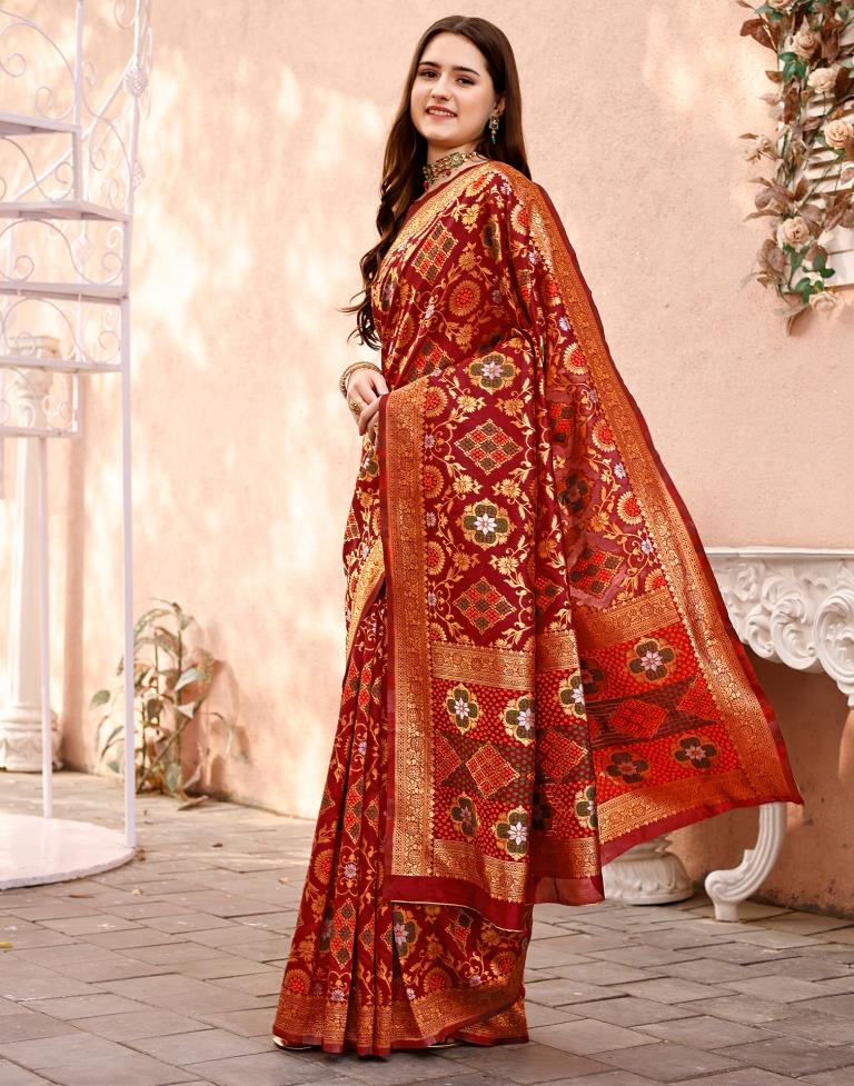 Maroon & Orange Silk Plain Saree