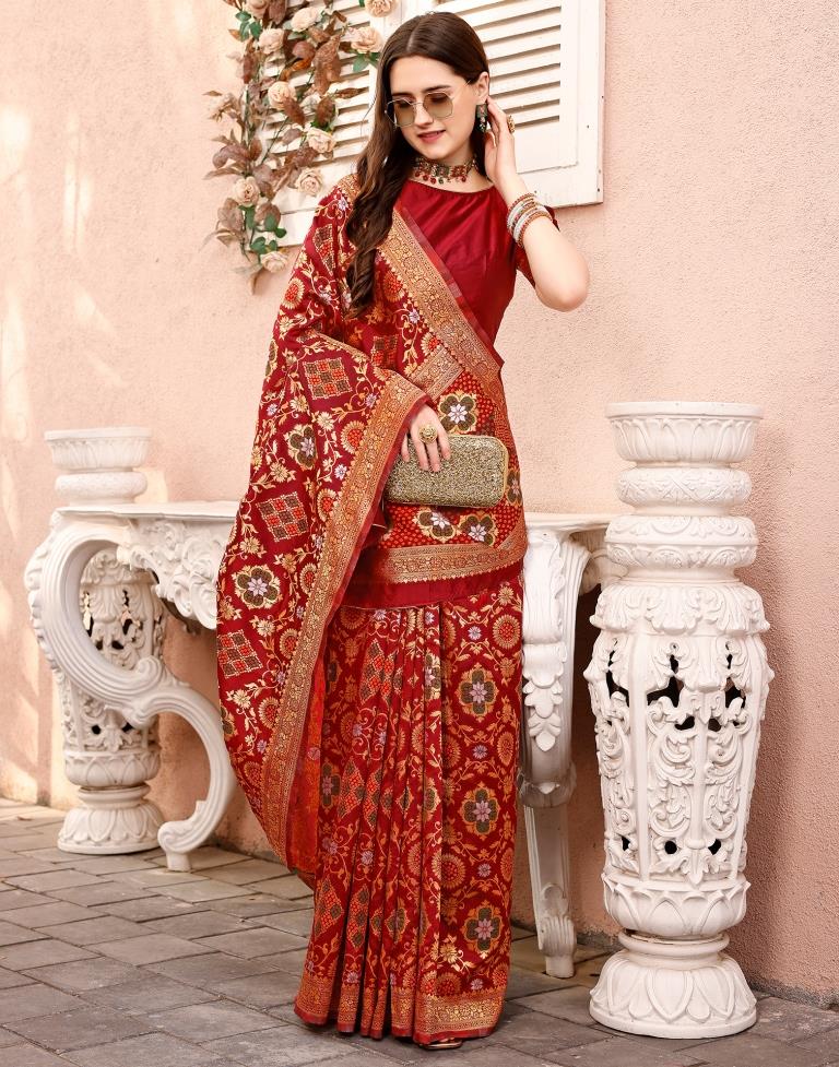 Maroon & Orange Silk Plain Saree