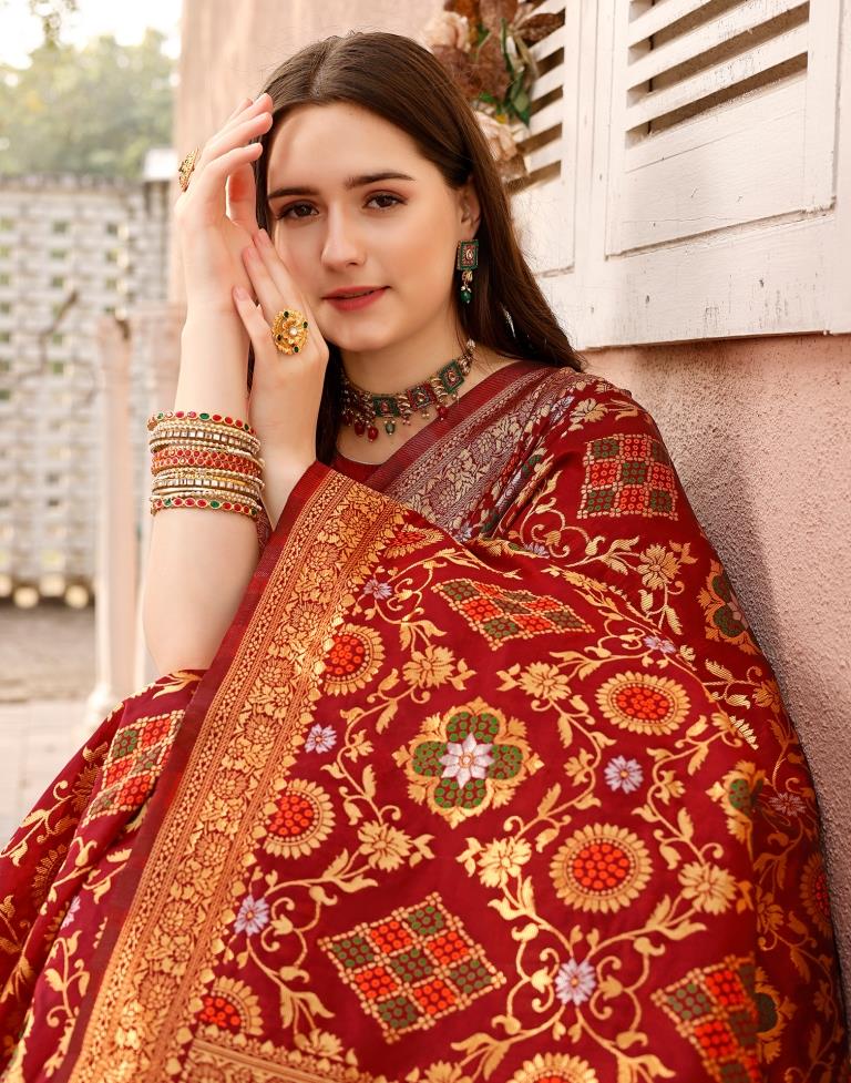 Maroon & Orange Silk Plain Saree