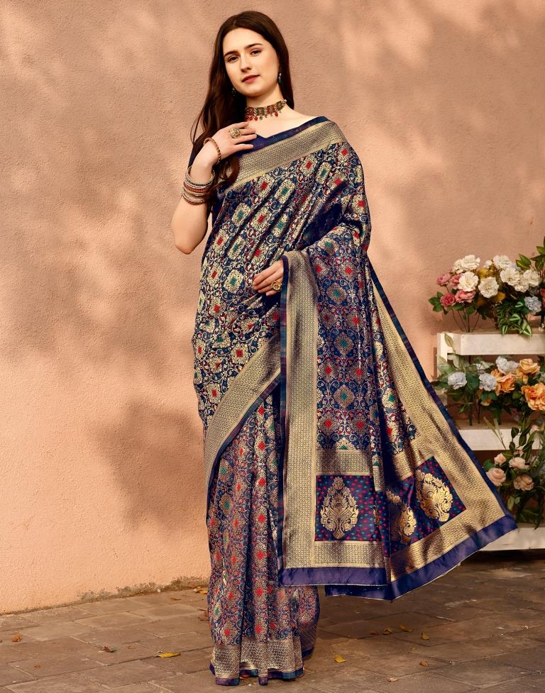 Dark Blue Silk Plain Saree