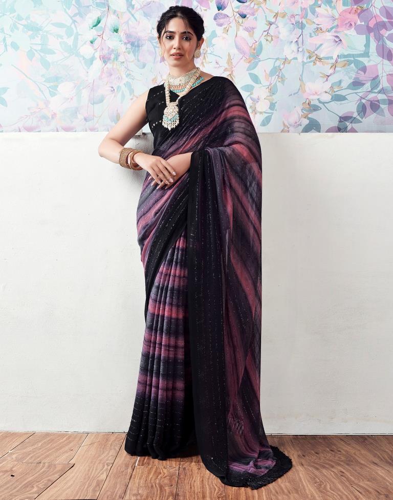 Black & Pink Georgette Printed Saree