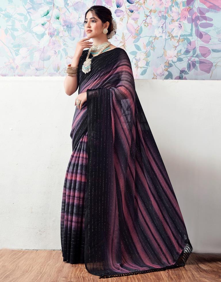 Black & Pink Georgette Printed Saree