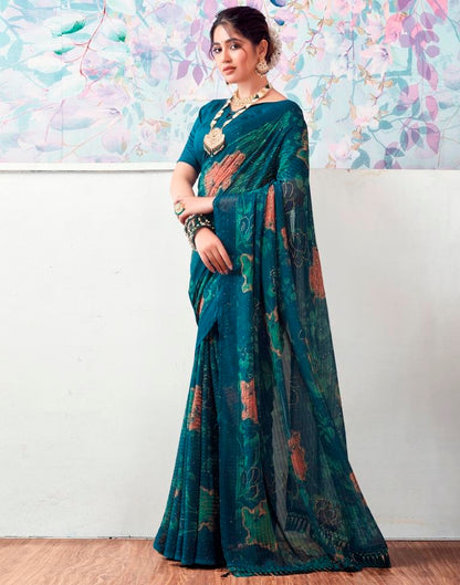 Rama Blue Georgette Printed Saree