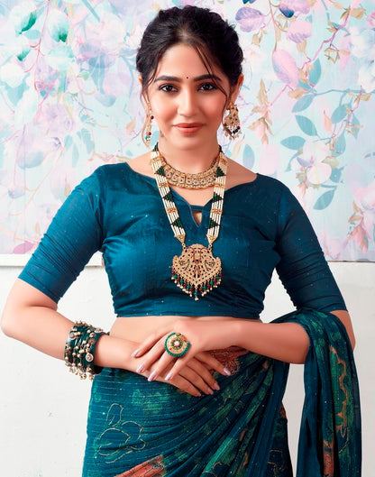 Rama Blue Georgette Printed Saree