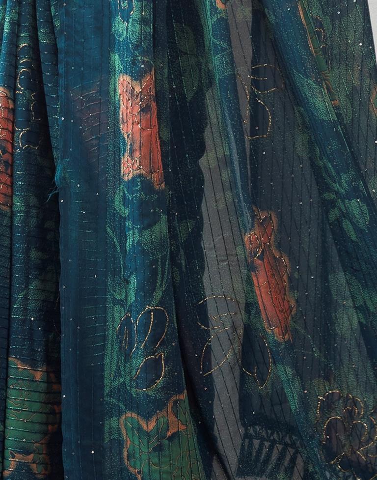 Rama Blue Georgette Printed Saree