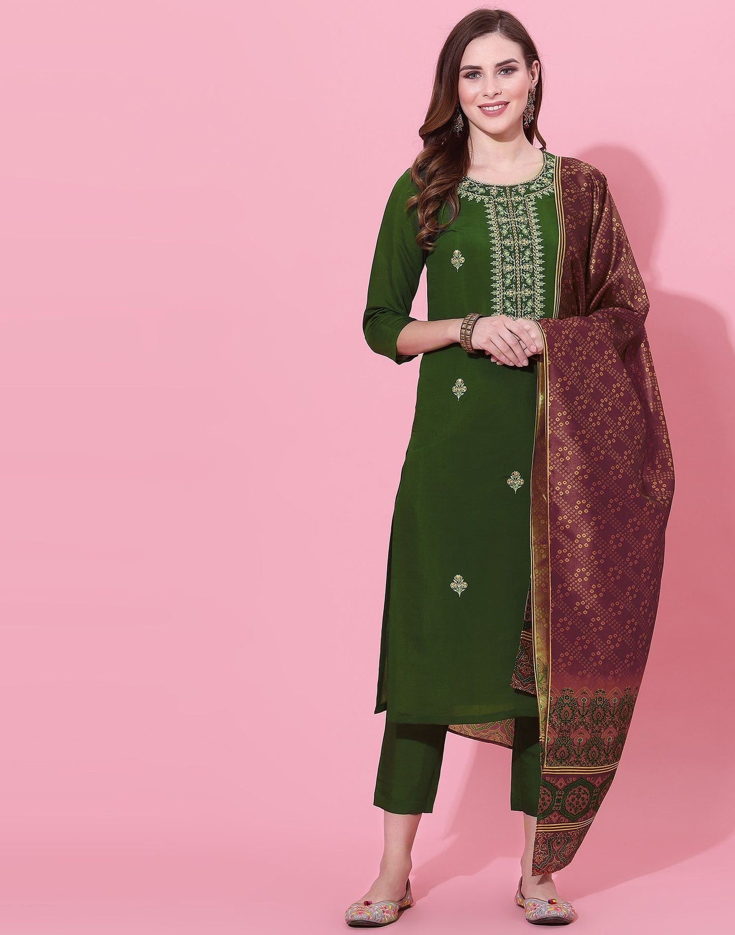 Dusty Green Embroidery Kurti With Pant And Dupatta | Leemboodi