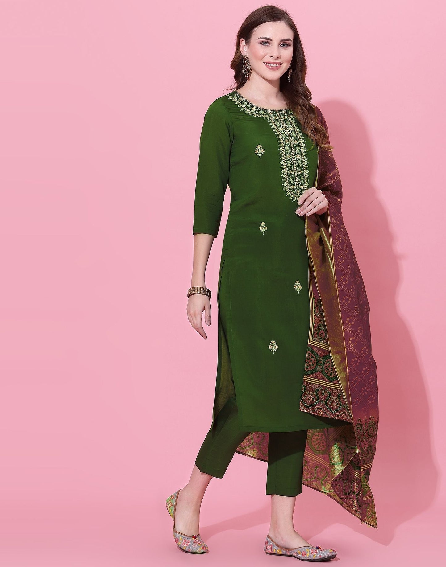 Dusty Green Embroidery Kurti With Pant And Dupatta | Leemboodi