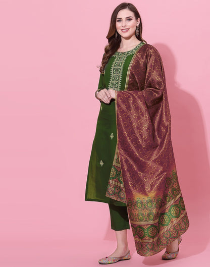 Dusty Green Embroidery Kurti With Pant And Dupatta | Leemboodi