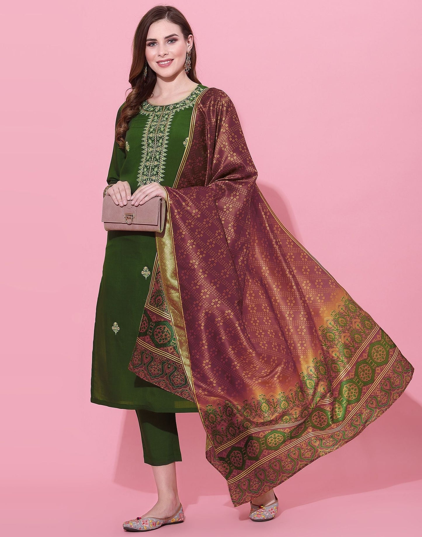 Dusty Green Embroidery Kurti With Pant And Dupatta | Leemboodi