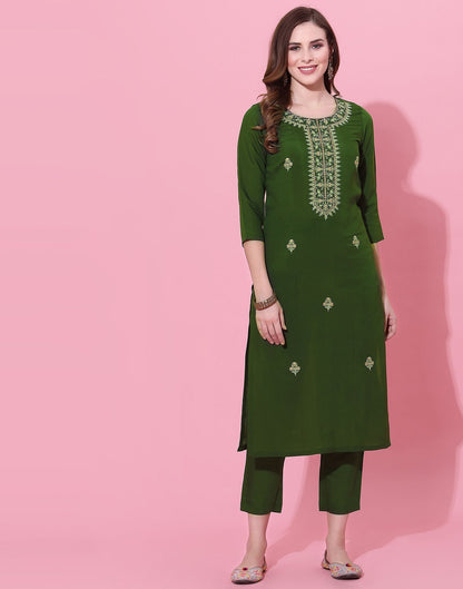 Dusty Green Embroidery Kurti With Pant And Dupatta | Leemboodi