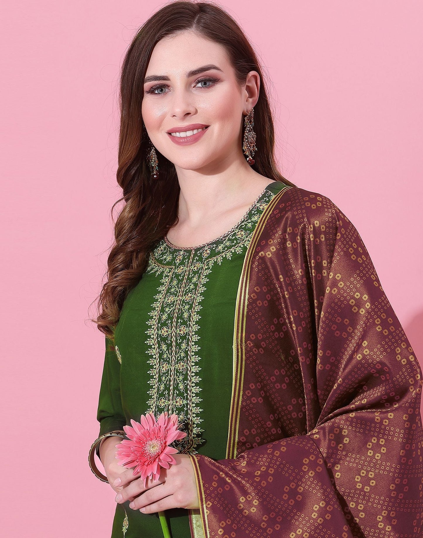 Dusty Green Embroidery Kurti With Pant And Dupatta | Leemboodi