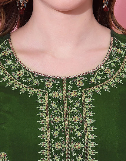 Dusty Green Embroidery Kurti With Pant And Dupatta | Leemboodi