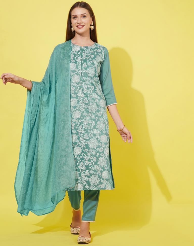 Green Kurti With Pant And Dupatta | Leemboodi