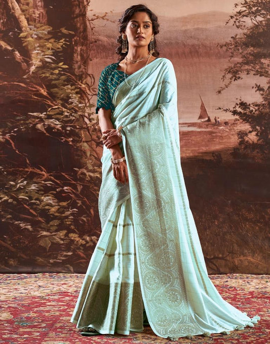 Light Mint Blue Silk Plain Saree