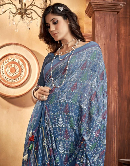 Denim Blue Georgette Printed Saree