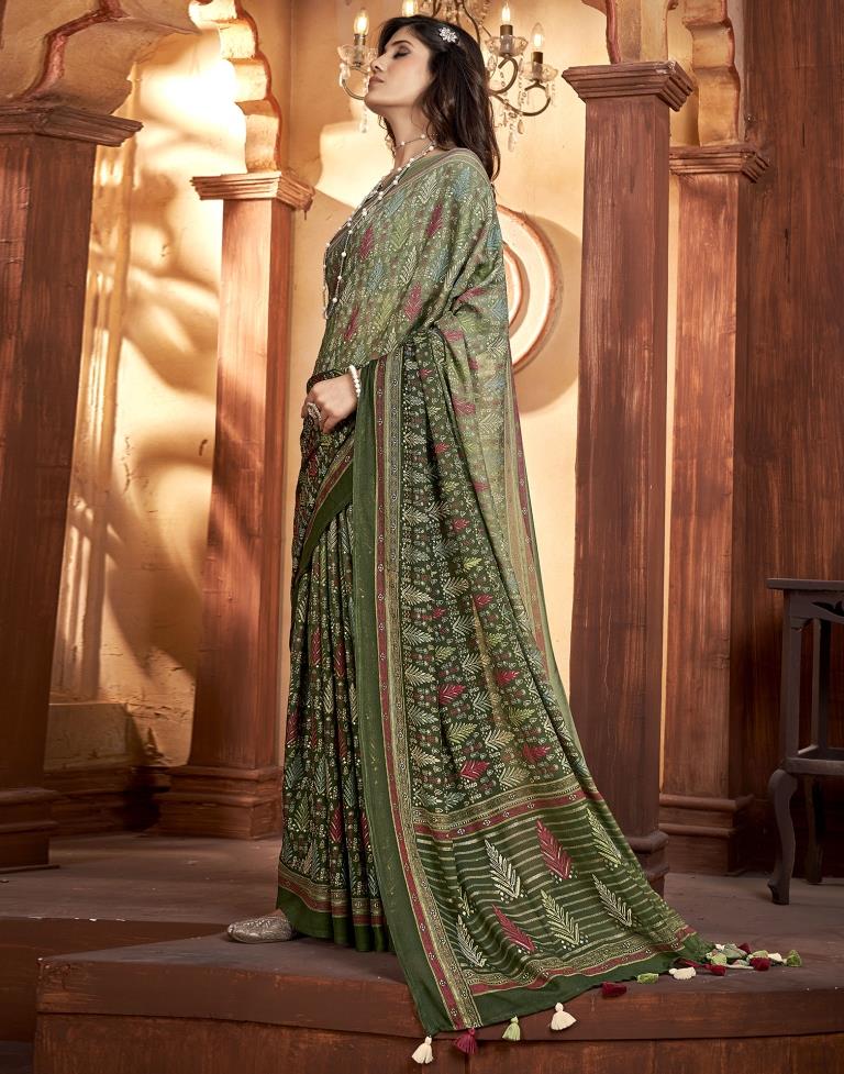 Olive Green Georgette Printed Saree