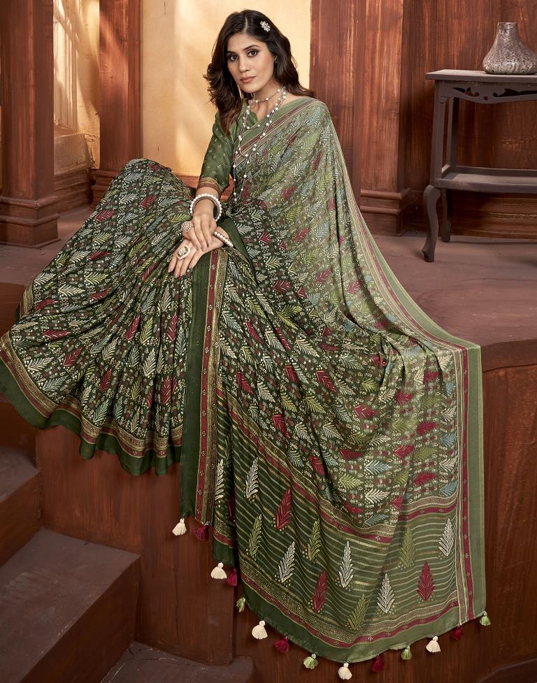 Olive Green Georgette Printed Saree