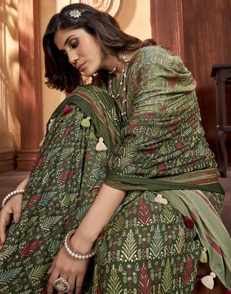 Olive Green Georgette Printed Saree
