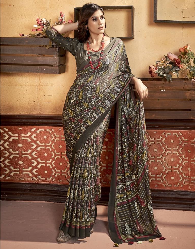 Grey Georgette Printed Saree