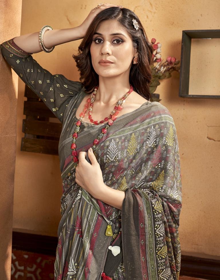 Grey Georgette Printed Saree